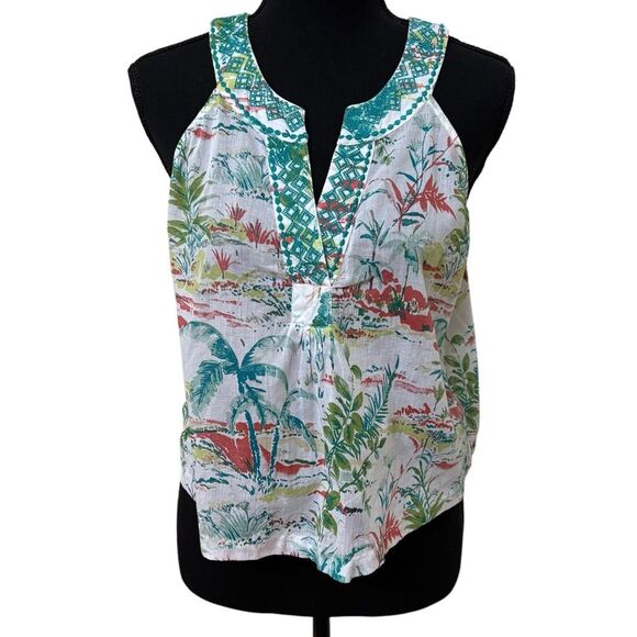 Sigrid Olsen Cotton Embroidered Hawaiian Print Tank Top EUC No Size Sheer - Picture 1 of 4